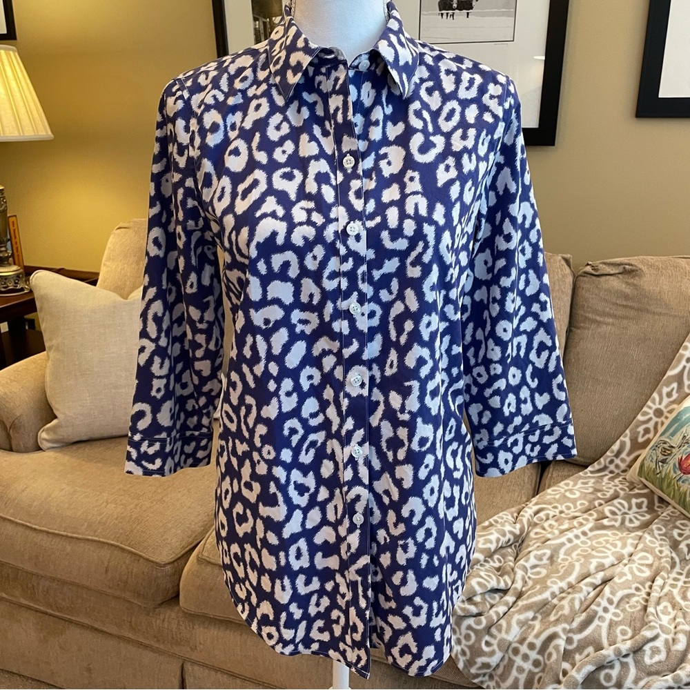 Chicos Purple White Geo Print Button Front 3/4 Sleeve Blouse Shirt Size 0 Small